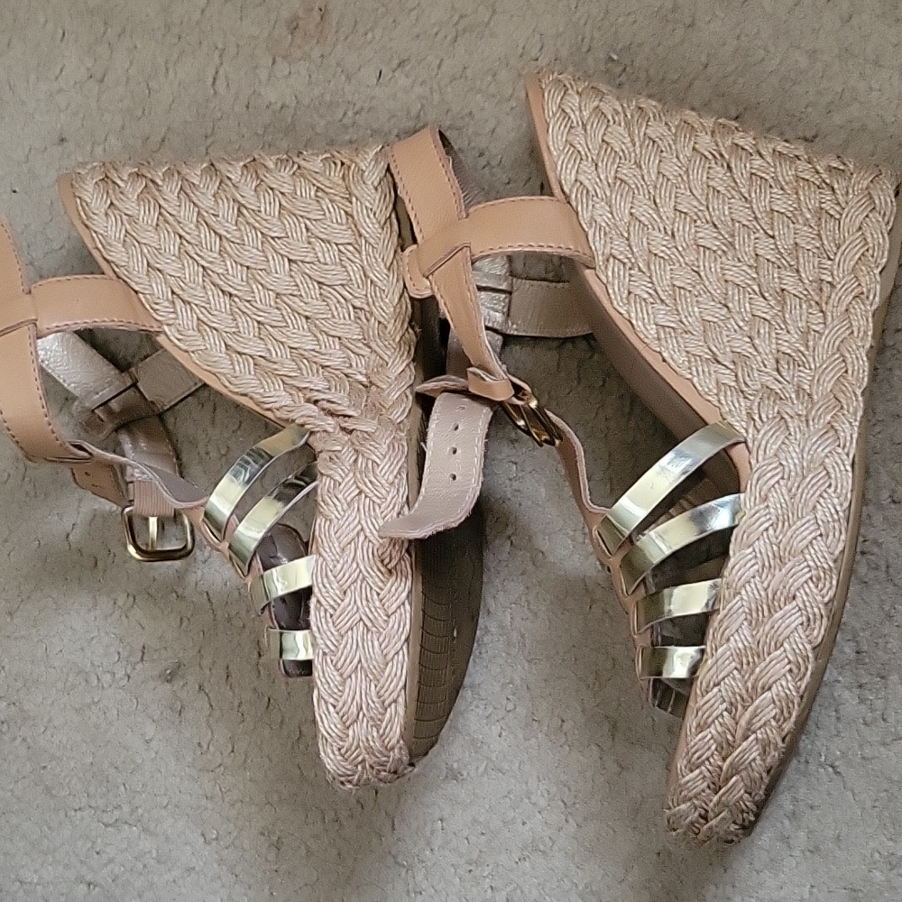 Stuart Weitzman Nude Gold Leather Espadrille Wedge Sandals Ankle Strap Size 8M - Picture 3 of 7